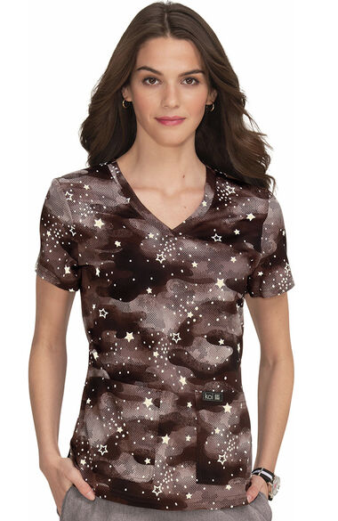 Women's Leslie Camo Starlette Taupe Print Scrub Top, , large