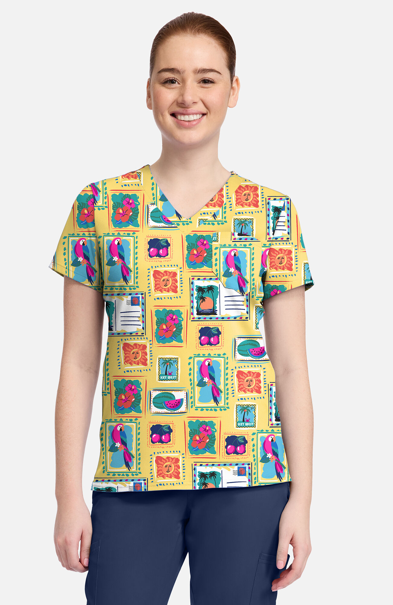 Women's V-Neck Vacation Post Card Print Scrub Top