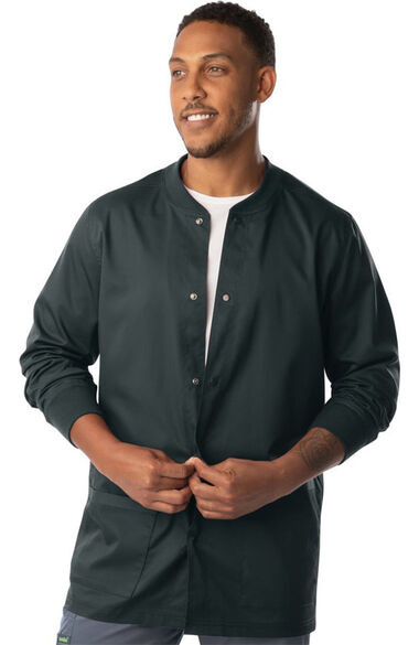 Men's Knit Collar Snap Front Solid Scrub Jacket, , large