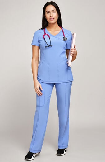 Women's Scrub set: 4-Pocket Knit Panel Mock Wrap Top & Rib Knit Drawstring Waist Pant Women's Scrub set: 4-Pocket Knit Panel Mock Wrap Top & Rib Knit Drawstring Waist Pant