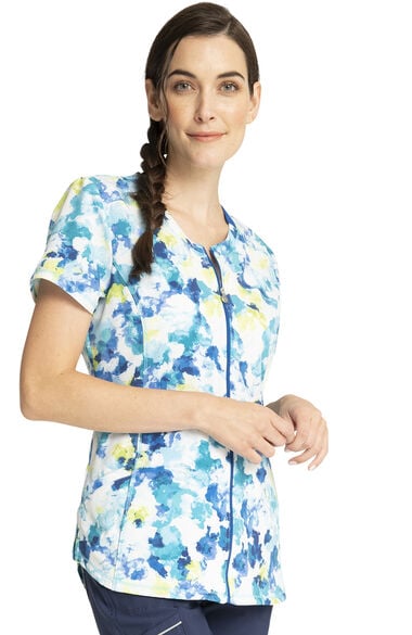 Women's Zip Front Painterly Perfection Print Scrub Top, , large
