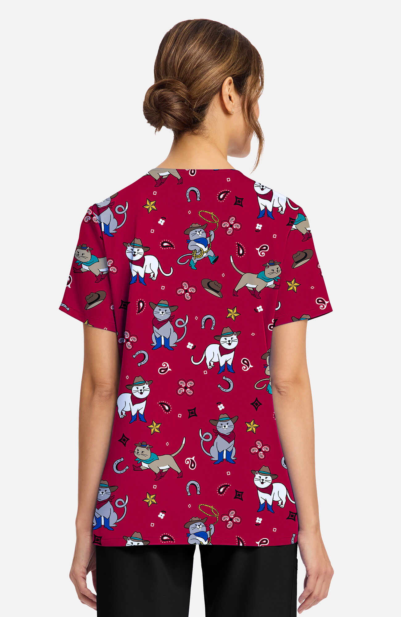 Women's Cowgirl Kitty Print Scrub Top, , large