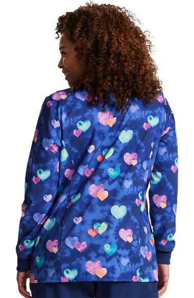Women's Snap Front Hippie Hearts Print Scrub Jacket, , large