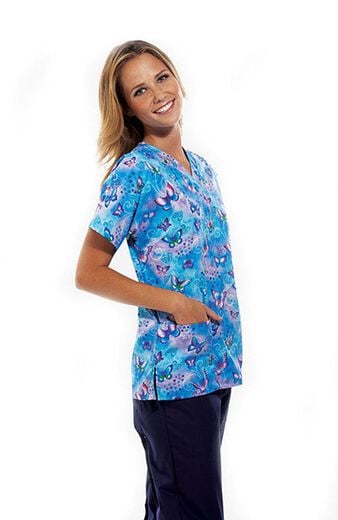 Clearance Women's V-Neck 2 Pocket Fly by Night Print Scrub Top