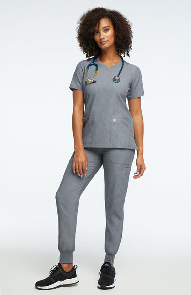 Women's Notched Solid Scrub Top & Jogger Scrub Pant Set, , large