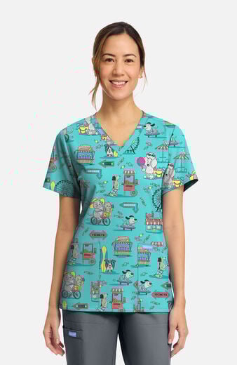 Women's Vintage Boardwalk Print Scrub Top Women's Vintage Boardwalk Print Scrub Top