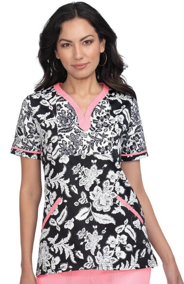 Clearance Women's Lennon Woodblock Floral Print Scrub Top, , large