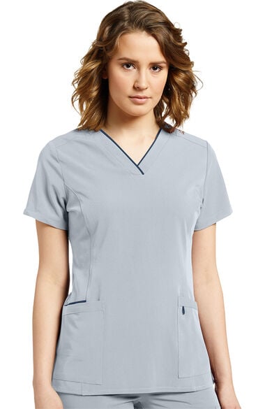 Clearance Women's Contrast Trim V-Neck Solid Scrub Top, , large