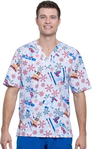 Clearance Unisex V-Neck Bumble Rumble Print Scrub Top, , large