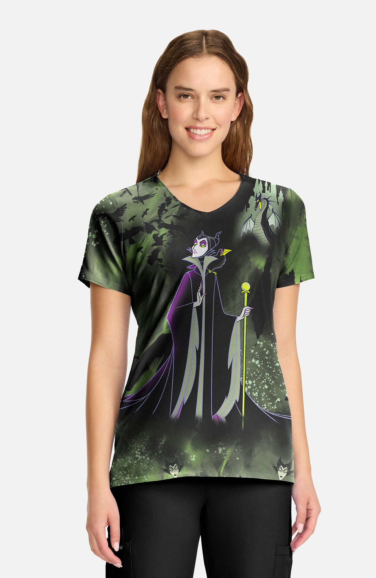 Women's Maleficent Dark Clouds Print Scrub Top