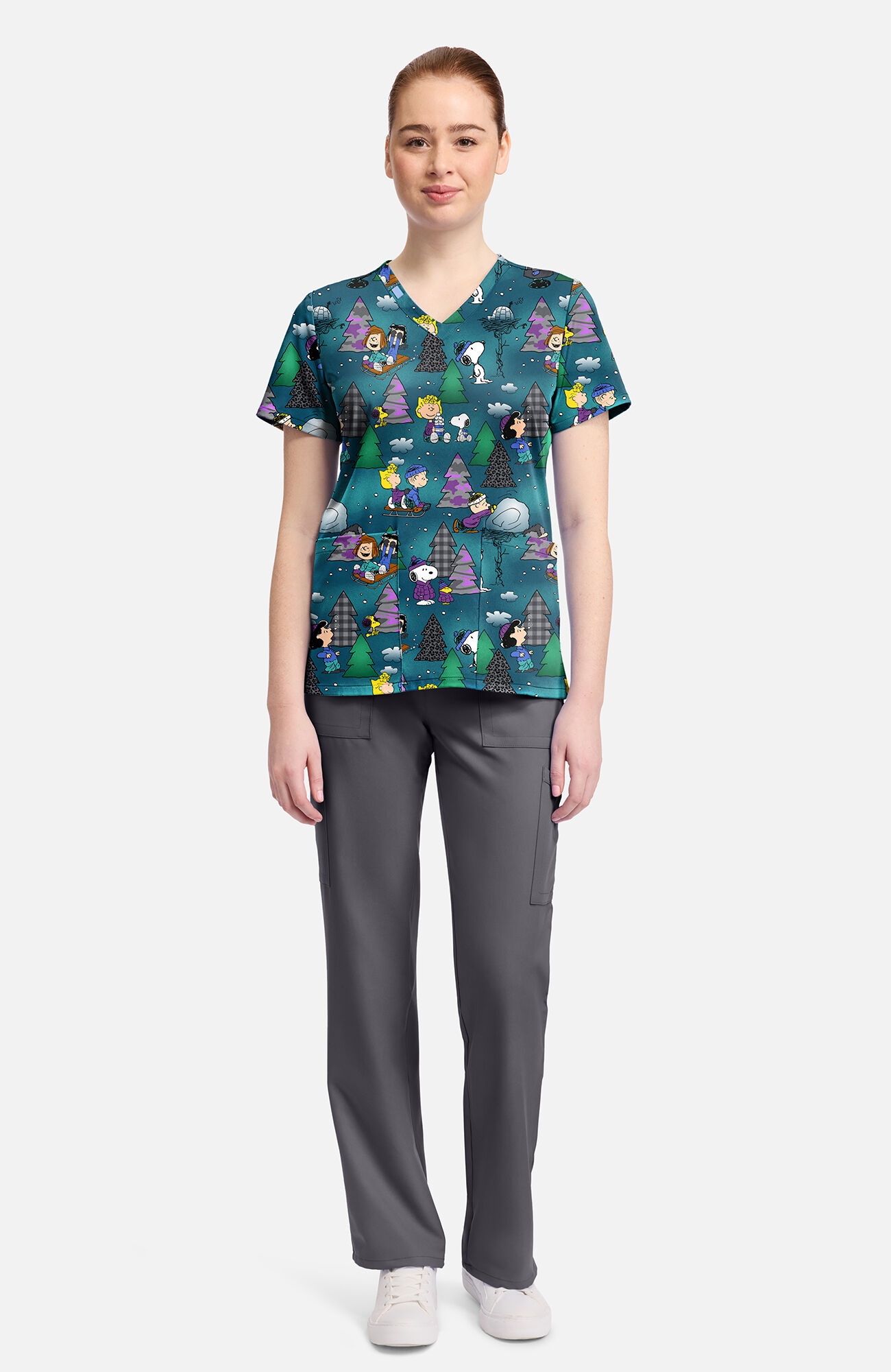Women's Snoopy Winter Forest Print Scrub Top