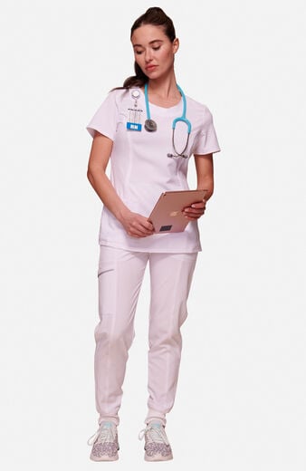Women's Scrub Set: Split Round Neck Top & Tapered Jogger Pant Women's Scrub Set: Split Round Neck Top & Tapered Jogger Pant