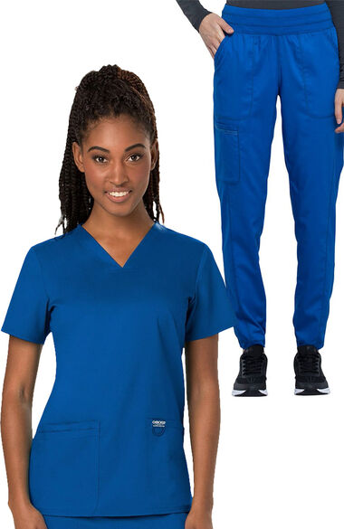 Women's V-Neck Solid Scrub Top & Tapered Jogger Scrub Pant Set, , large
