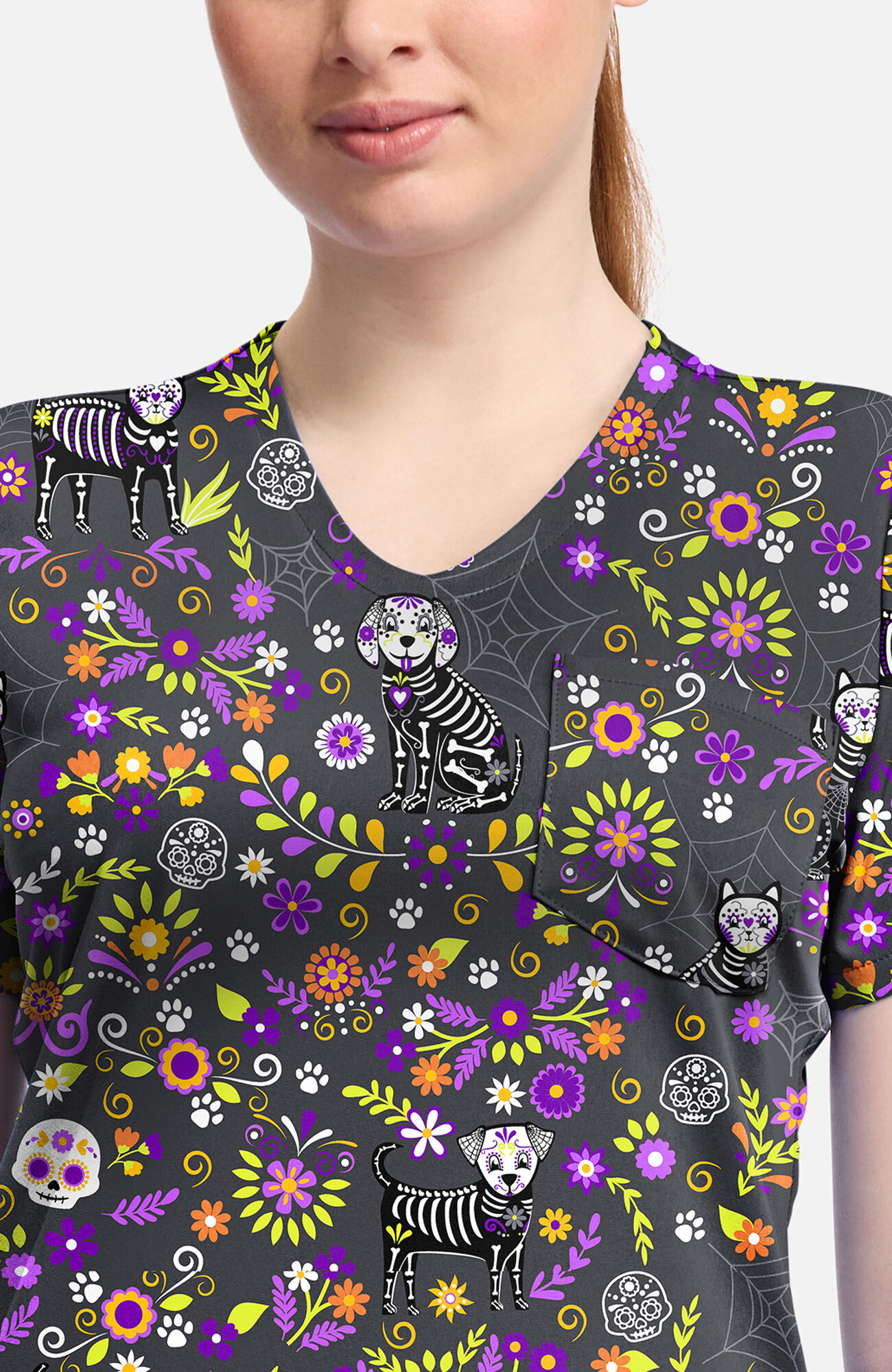 Women's Day Of The Pets Print Scrub Top, , large