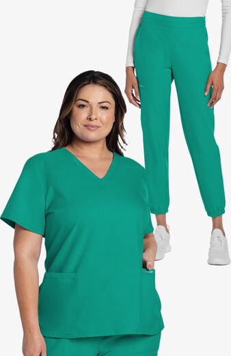 Women's Scrub Set: Rounded V-Neck Top & 5-Pocket Cargo Jogger Pant Women's Scrub Set: Rounded V-Neck Top & 5-Pocket Cargo Jogger Pant