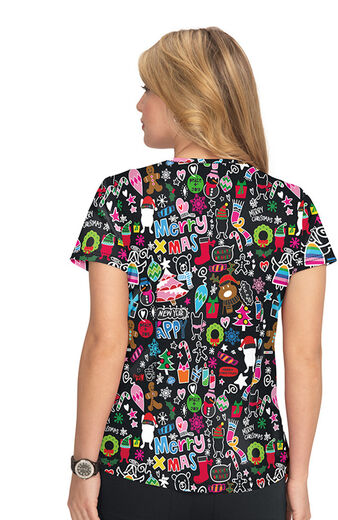Clearance Women's Doll Christmas Doodle Print Scrub Top