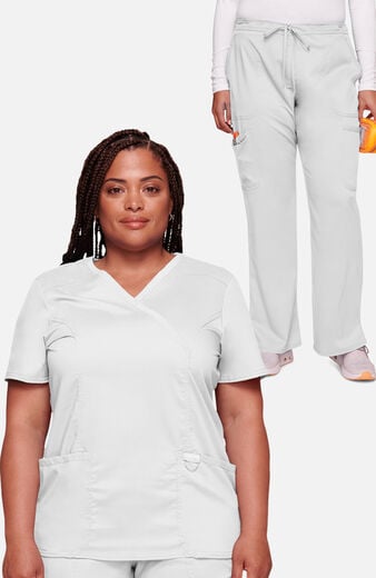 Women's Scrub Set: Shaped 3-Pocket Mock Wrap Top & Drawstring Flare Pant Women's Scrub Set: Shaped 3-Pocket Mock Wrap Top & Drawstring Flare Pant