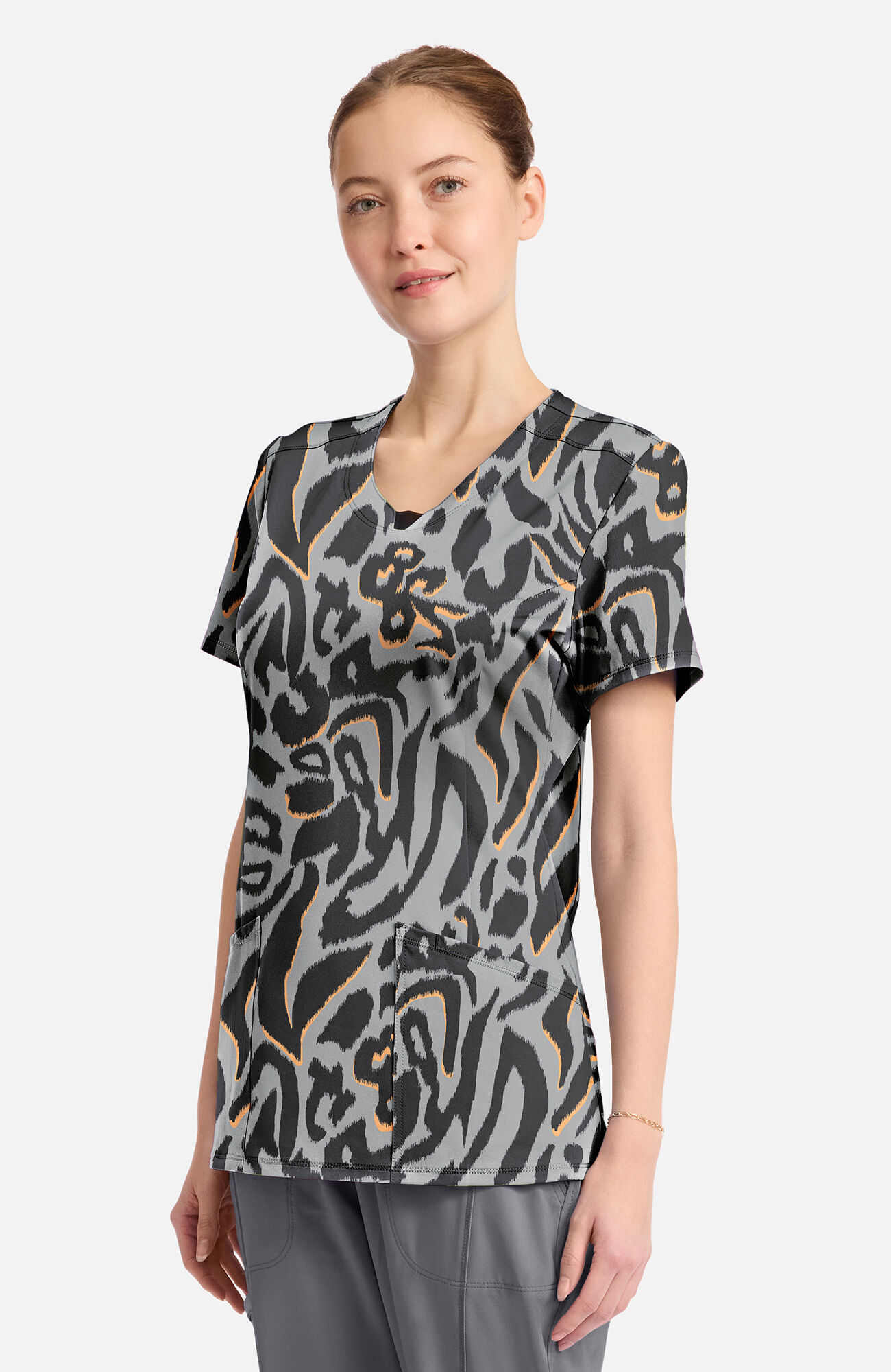 Women's Round Neck Big Cat Print Scrub Top, , large