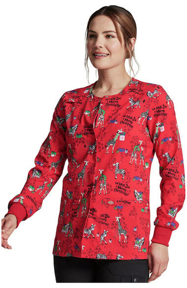 Clearance Women's Wish Zoo A Merry Christmas Print Scrub Jacket, , large