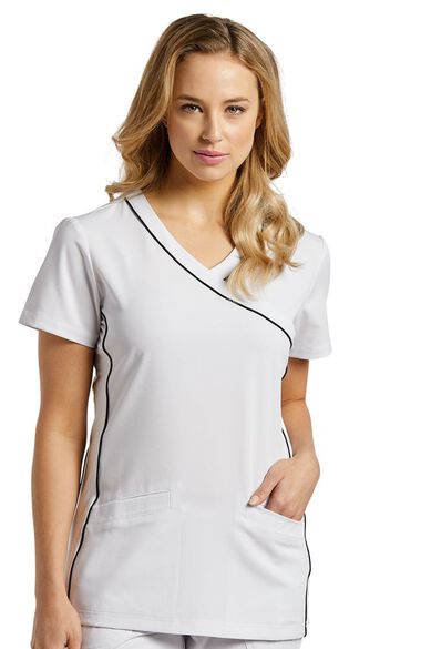 Clearance Women's V-Neck Contrast Piping Solid Scrub Top, , large