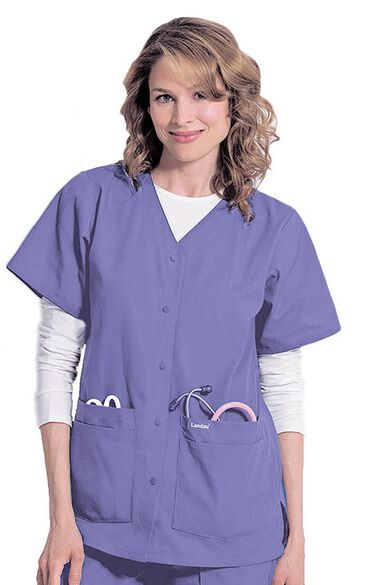Clearance Women's Snap Front 4-Pocket V-Neck Solid Scrub Top, , large