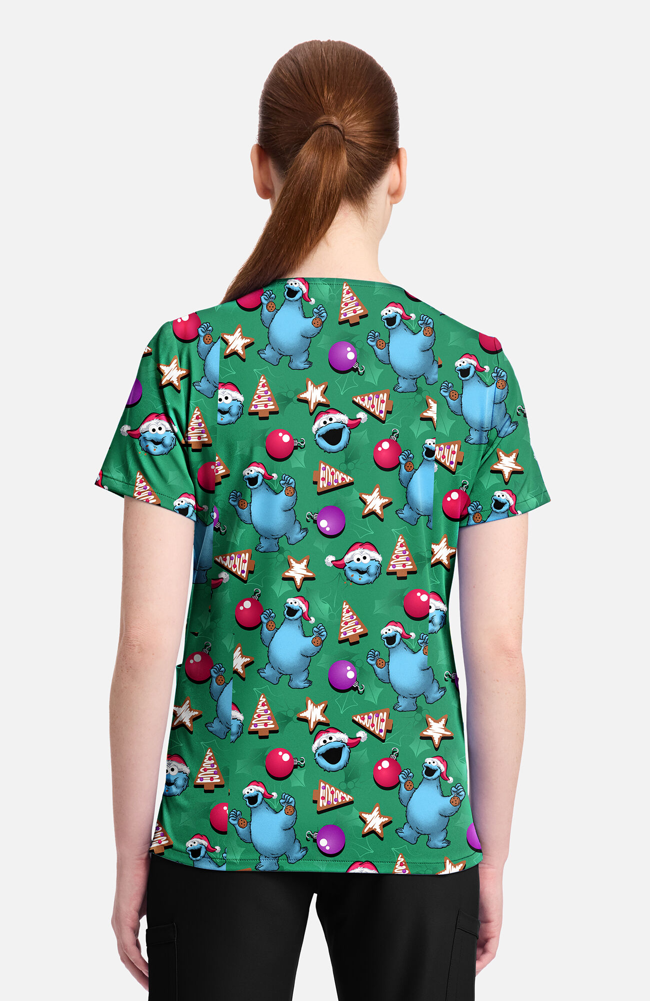 Women's Christmas Cookie Monster Print Scrub Top, , large