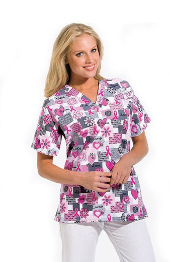 Clearance Women's Discount V-Neck 2-Pocket Tunic Style Breast Cancer Awareness Print Scrub Top