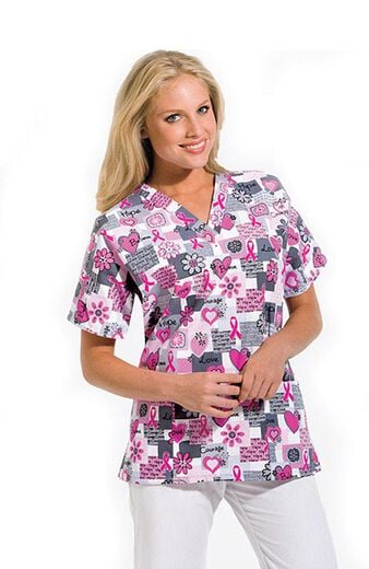 Clearance Scrub H.Q. by Women's Discount V-Neck 2-Pocket Tunic Style Breast Cancer Awareness Print Scrub Top