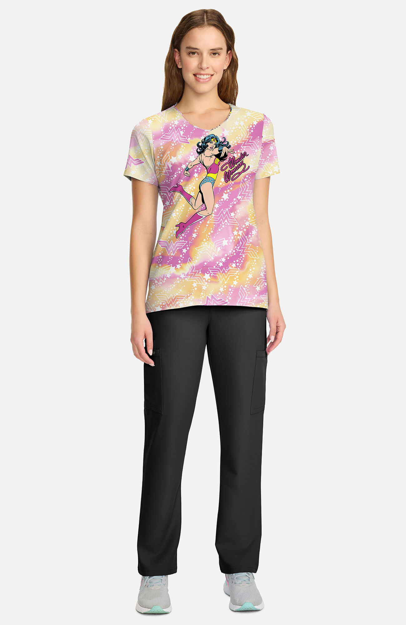 Women's Tiger Tie Dye Wonder Woman Print Scrub Top, , large