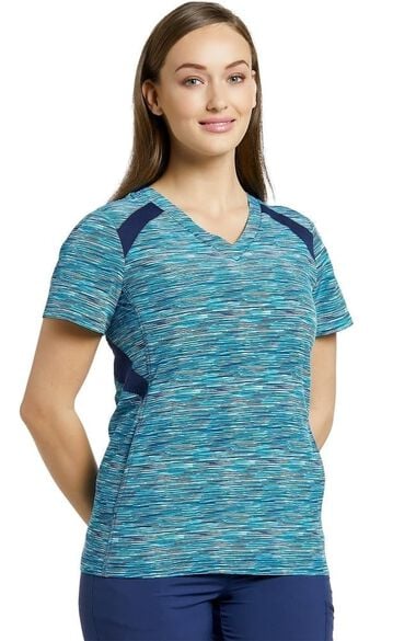 Clearance Women's V-Neck Space Dye Abstract Print Scrub Top, , large