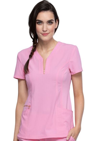 Clearance Women's Zip Up Notched Neckline Solid Scrub Top, , large
