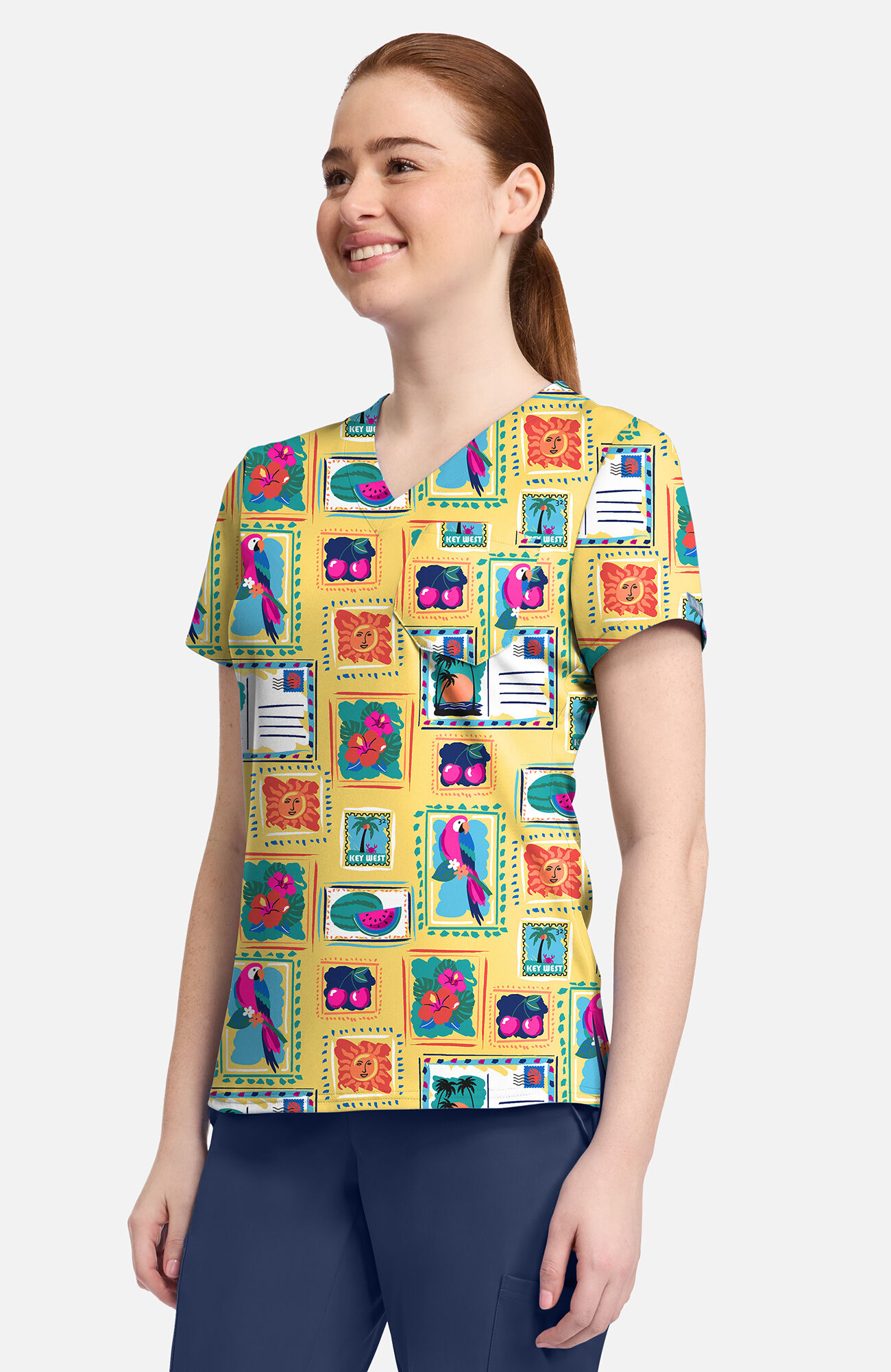 Women's V-Neck Vacation Post Card Print Scrub Top, , large