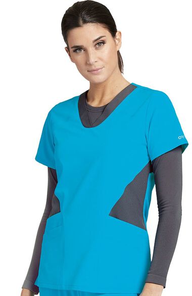 Clearance Women's V-Neck Contrast Panel Solid Scrub Top, , large