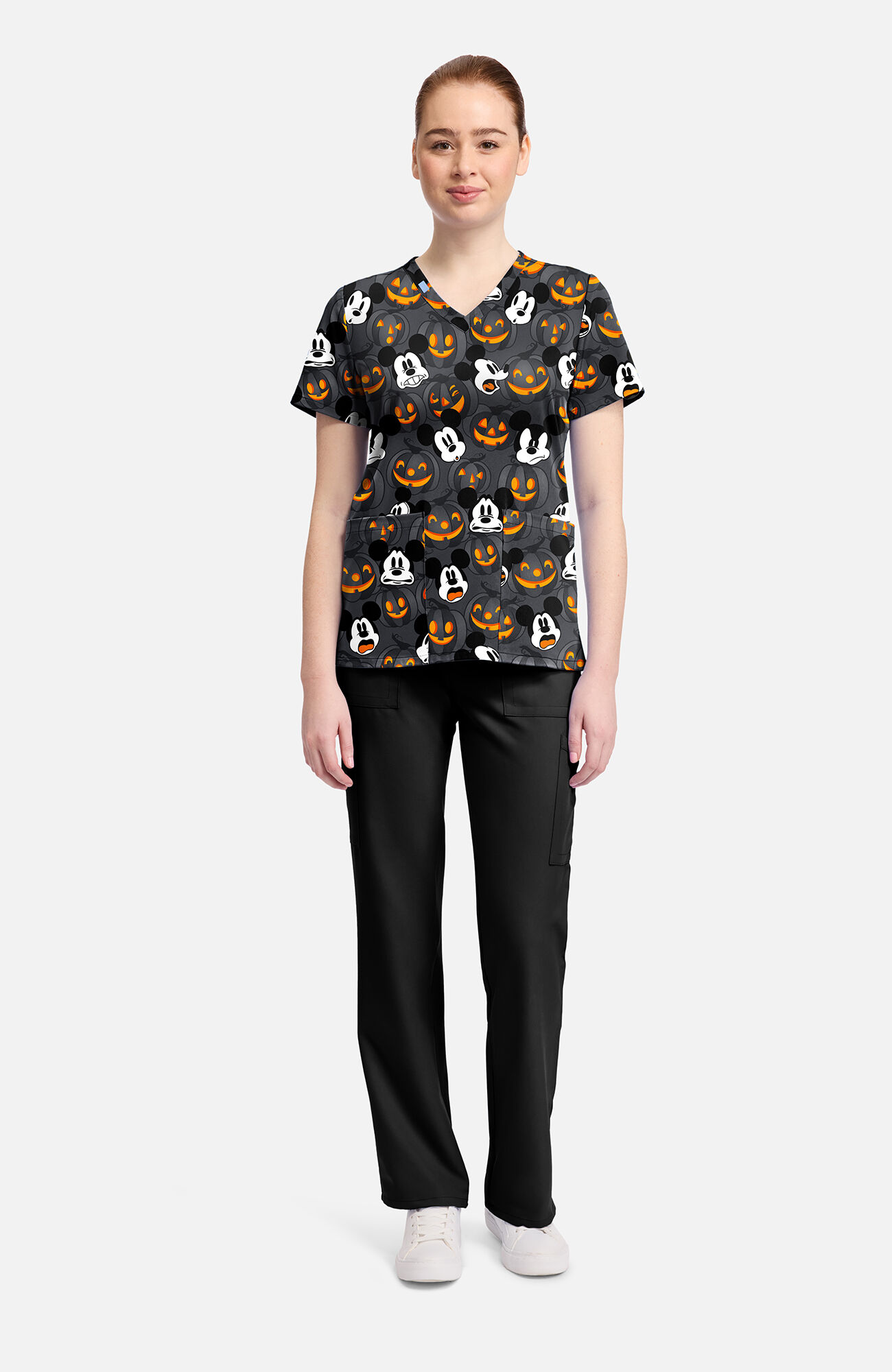 Women's Mickey Scaredy Pumpkin Print Scrub Top, , large