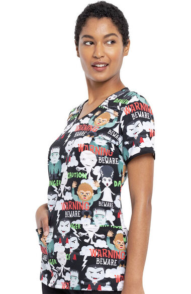 Clearance Women's Beware Of Monsters Print Scrub Top, , large
