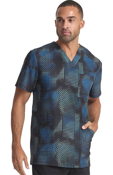 Men's V-Neck Gradient Grid Print Scrub Top, , large