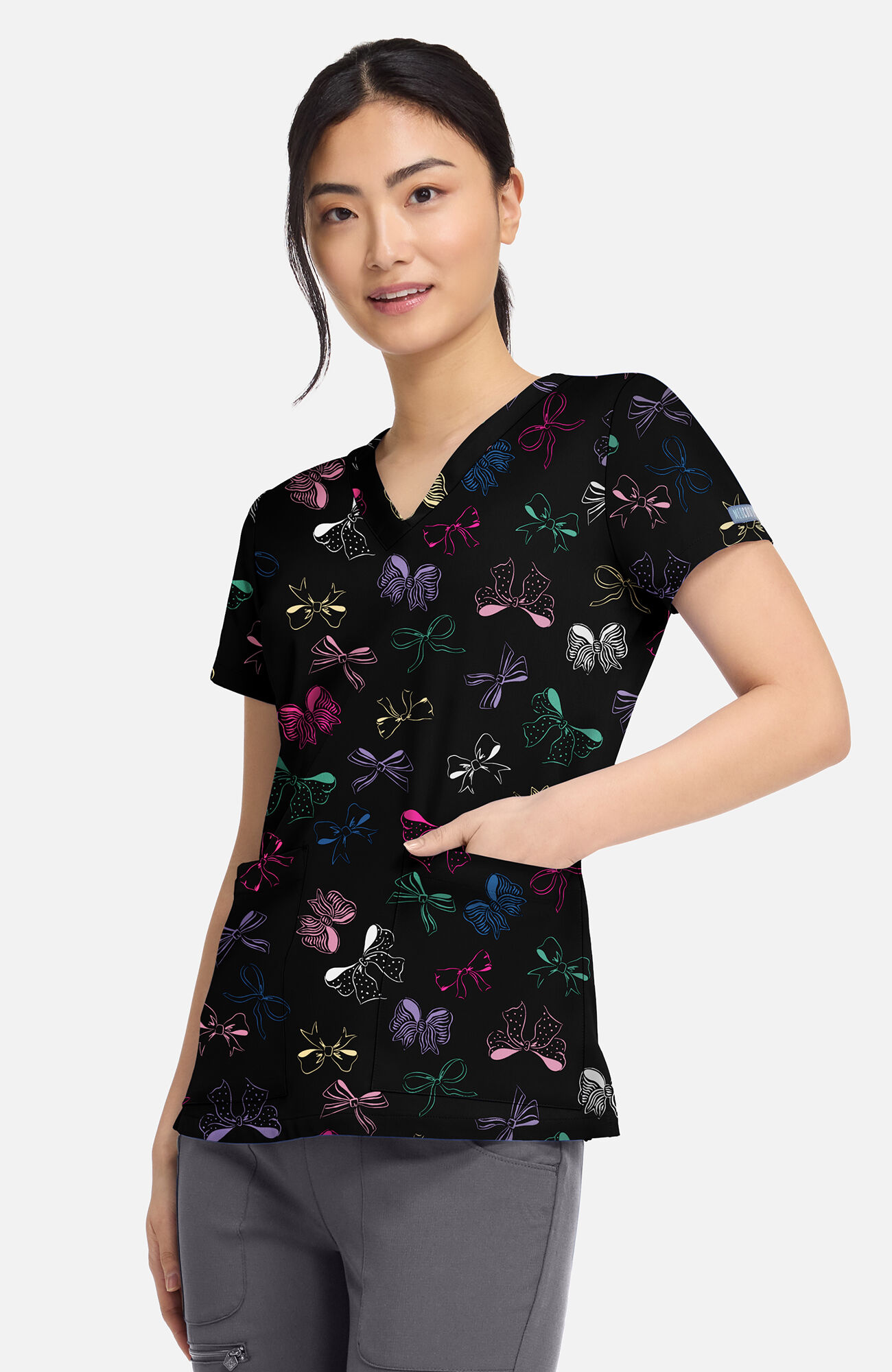 Women's Vicky Bow Mania Print Scrub Top, , large