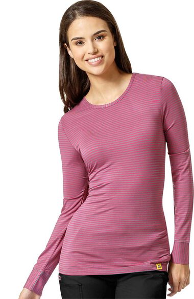 Women's Silky Long Sleeve Pewter & Hot Pink Striped T-Shirt, , large
