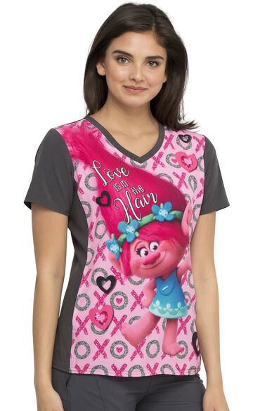 Clearance Women's Love Is In The Hair Print Scrub Top, , large