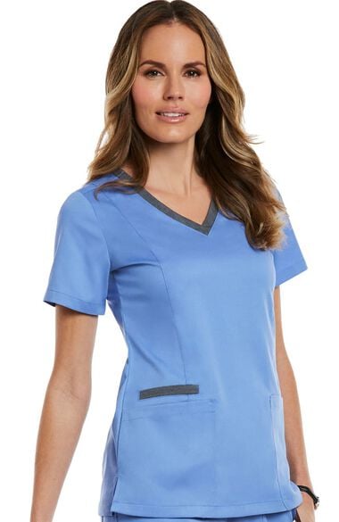 Clearance Women's Contrast Double V-Neck Solid Scrub Top, , large
