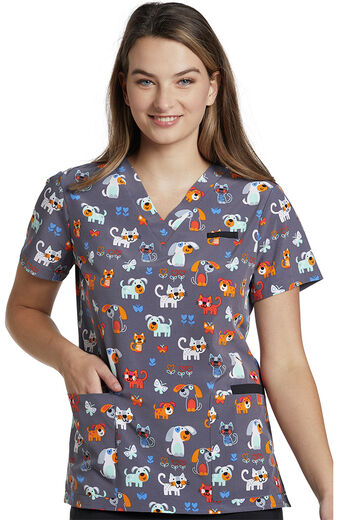 Clearance Women's Happy Pets Pewter Print Scrub Top