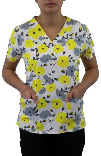 Clearance Women's Curved V-Neck Sunshine Blossoms Print Top