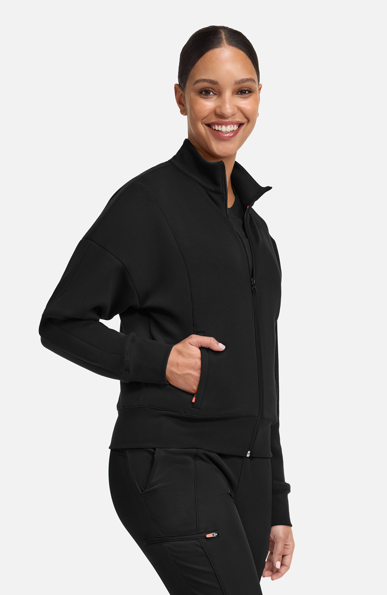 Women's Zip Front Dolman Cropped Scrub Jacket, BLK Black | black, large