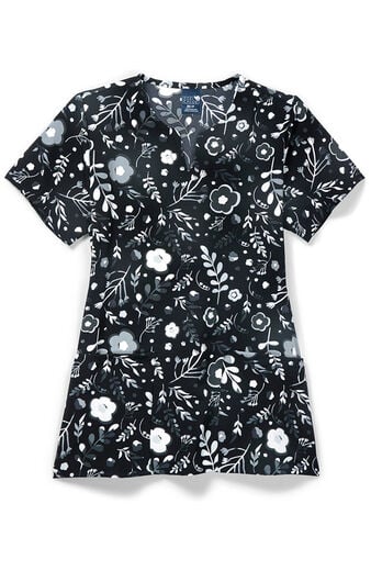 Clearance Women's Notch Neck Moody Blossoms Print Scrub Top