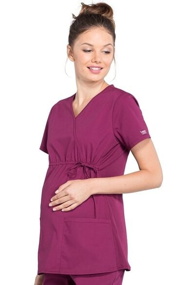 Clearance Women's Maternity Mock Wrap Soft Knit Panel Solid Scrub Top, , large