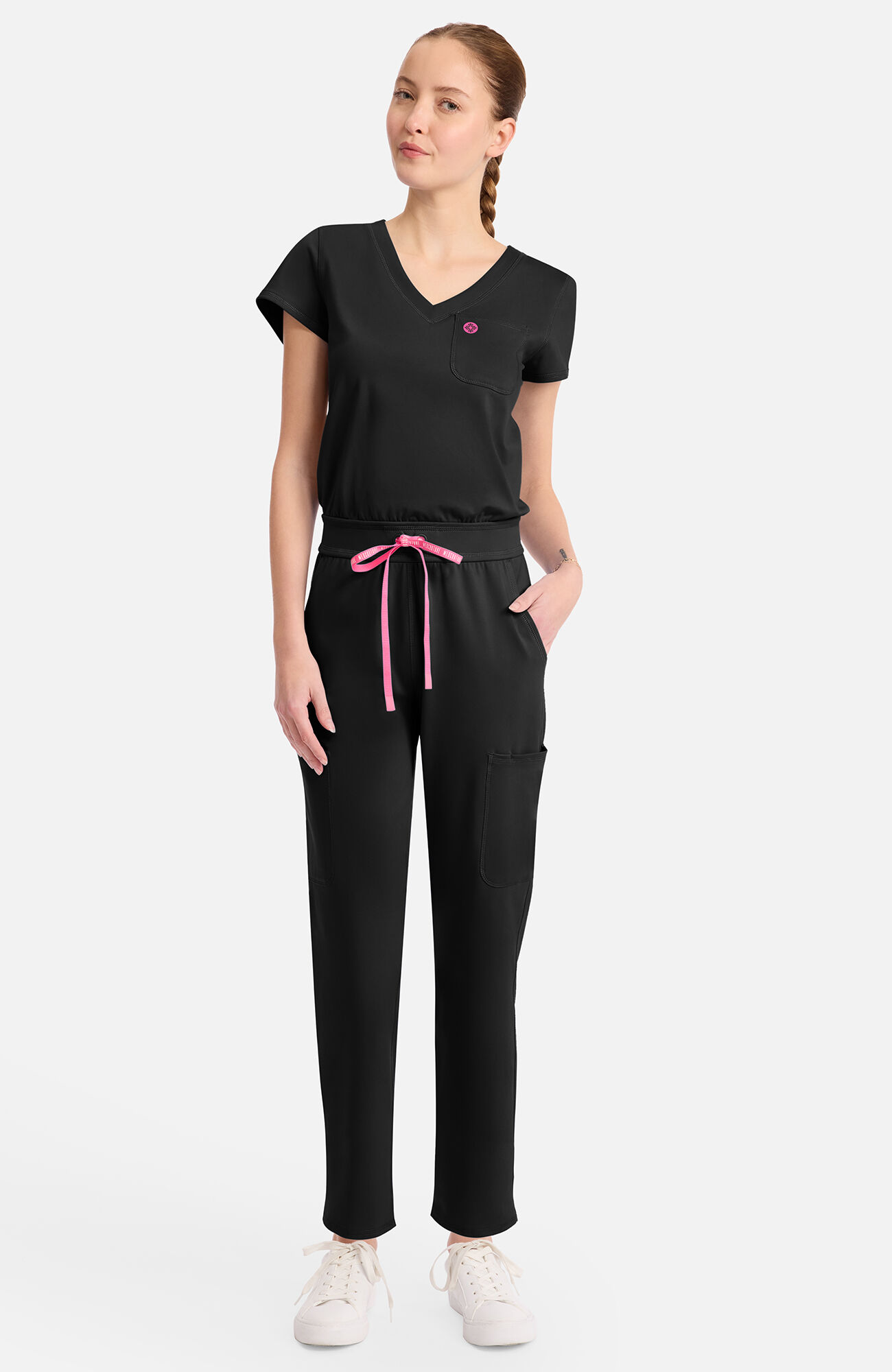 Women's Knit V-Neck Barrel Leg Scrub Jumpsuit
