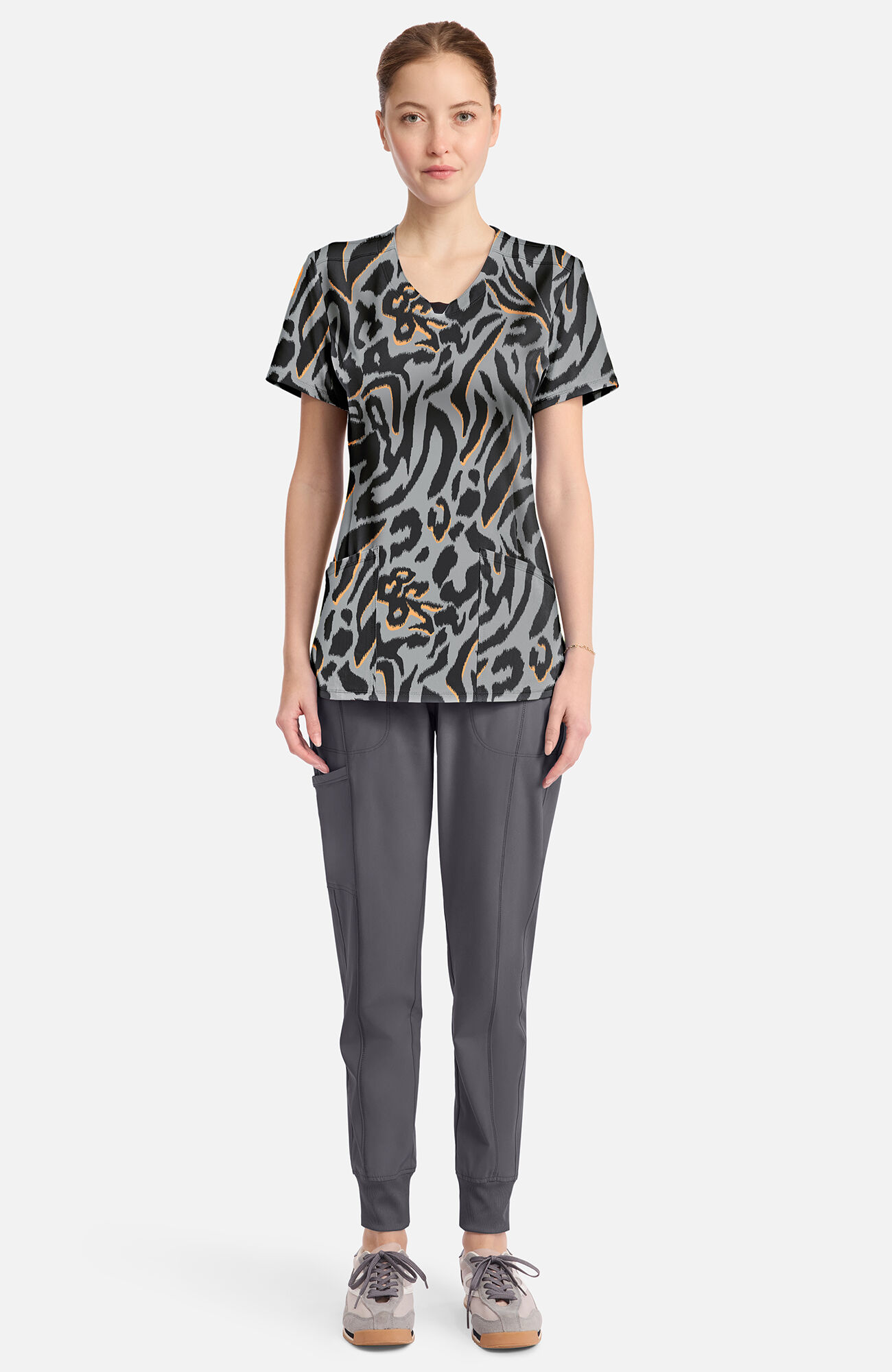 Women's Round Neck Big Cat Print Scrub Top