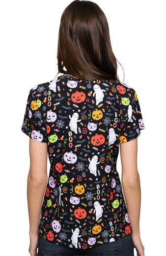 Clearance Women's Vicky Halloween Party Print Scrub Top