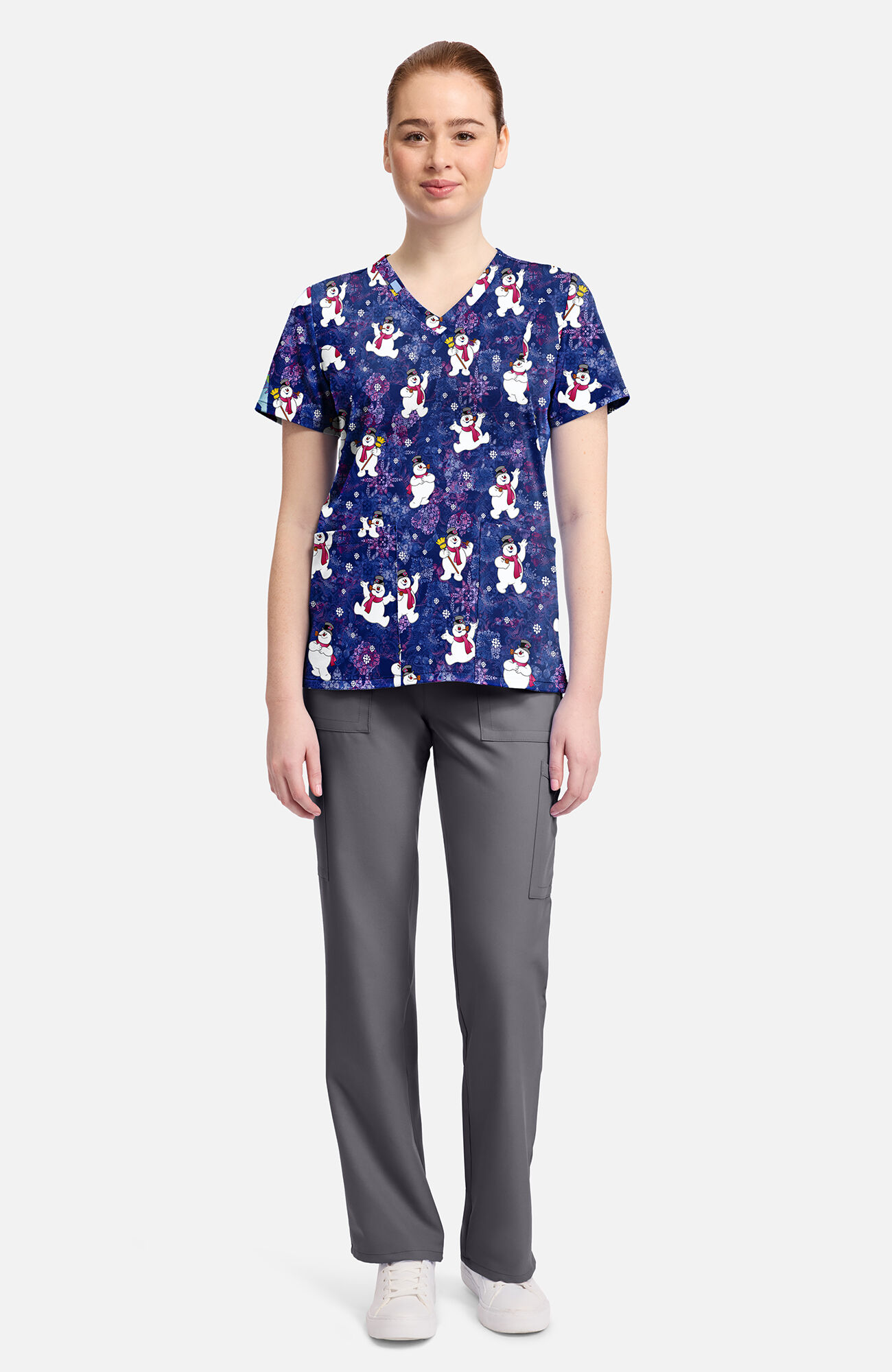 Women's Frosty Snowman Chilly Tiles Print Scrub Top