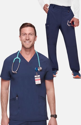 Men's Scrub Set: Stretch V-Neck Top & Zip Fly 6-Pocket Cargo Pant Men's Scrub Set: Stretch V-Neck Top & Zip Fly 6-Pocket Cargo Pant